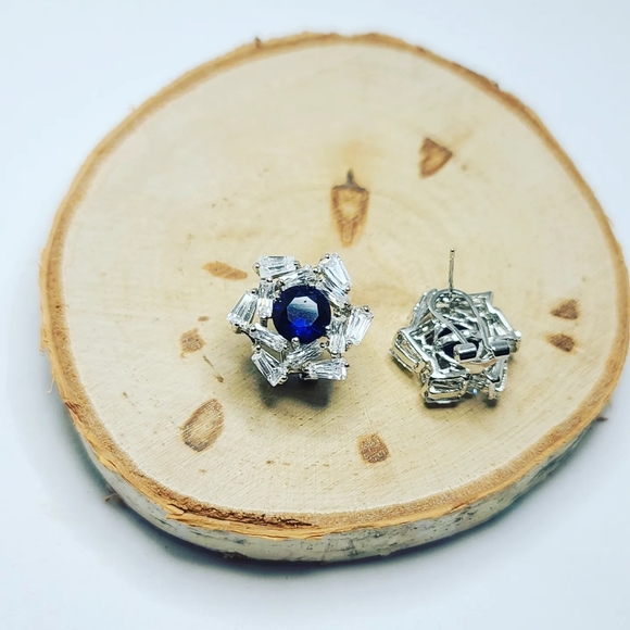 Blue Rhinestones silver tone earrings - Picture 2 of 4